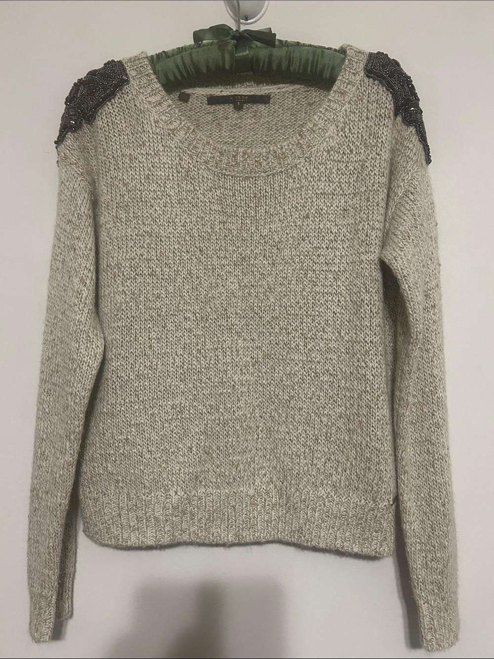 Guess Cream Knit Crewneck Sweater with Beaded Shoulders